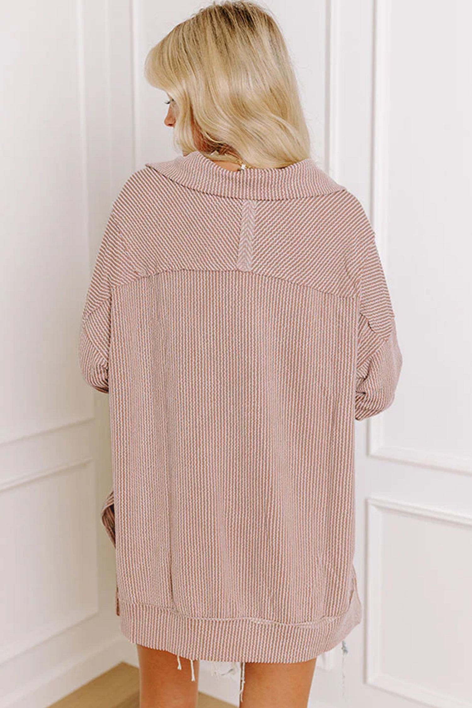 Oatmeal Twist Ribbed Zipper Collar Drop Shoulder Long Sleeve Top – Beige
