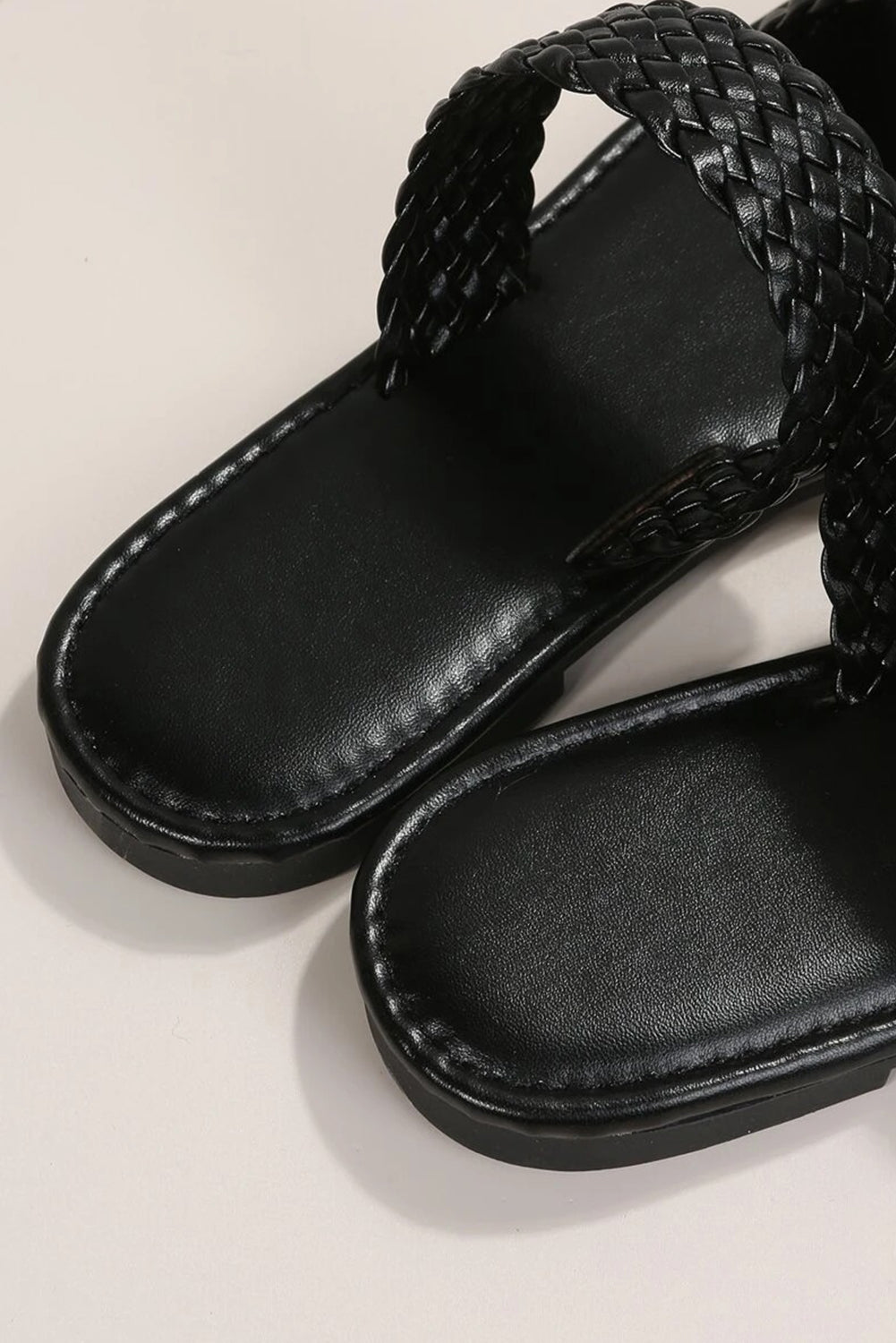 Black Braided Double Band Leathered Flat Sandals Beagle Boutique Fashion Outlet