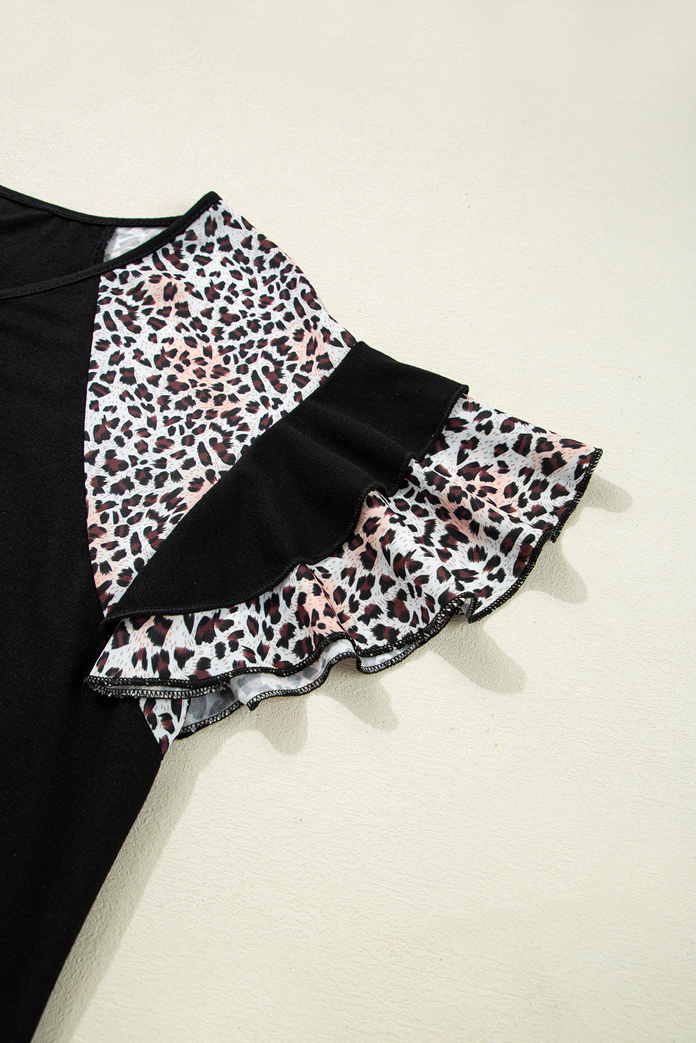 Black Leopard Ruffle Patchwork Sleeve Plus Size Summer Top BB Fashion Outlet
