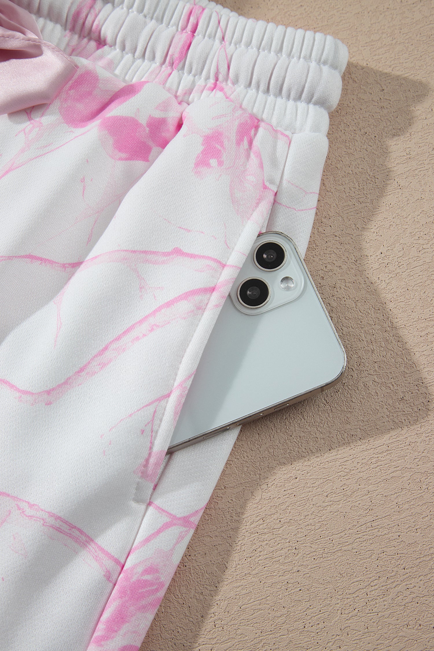 Abstract Plant Print Long Sleeve V Neck Pant Set – Pink