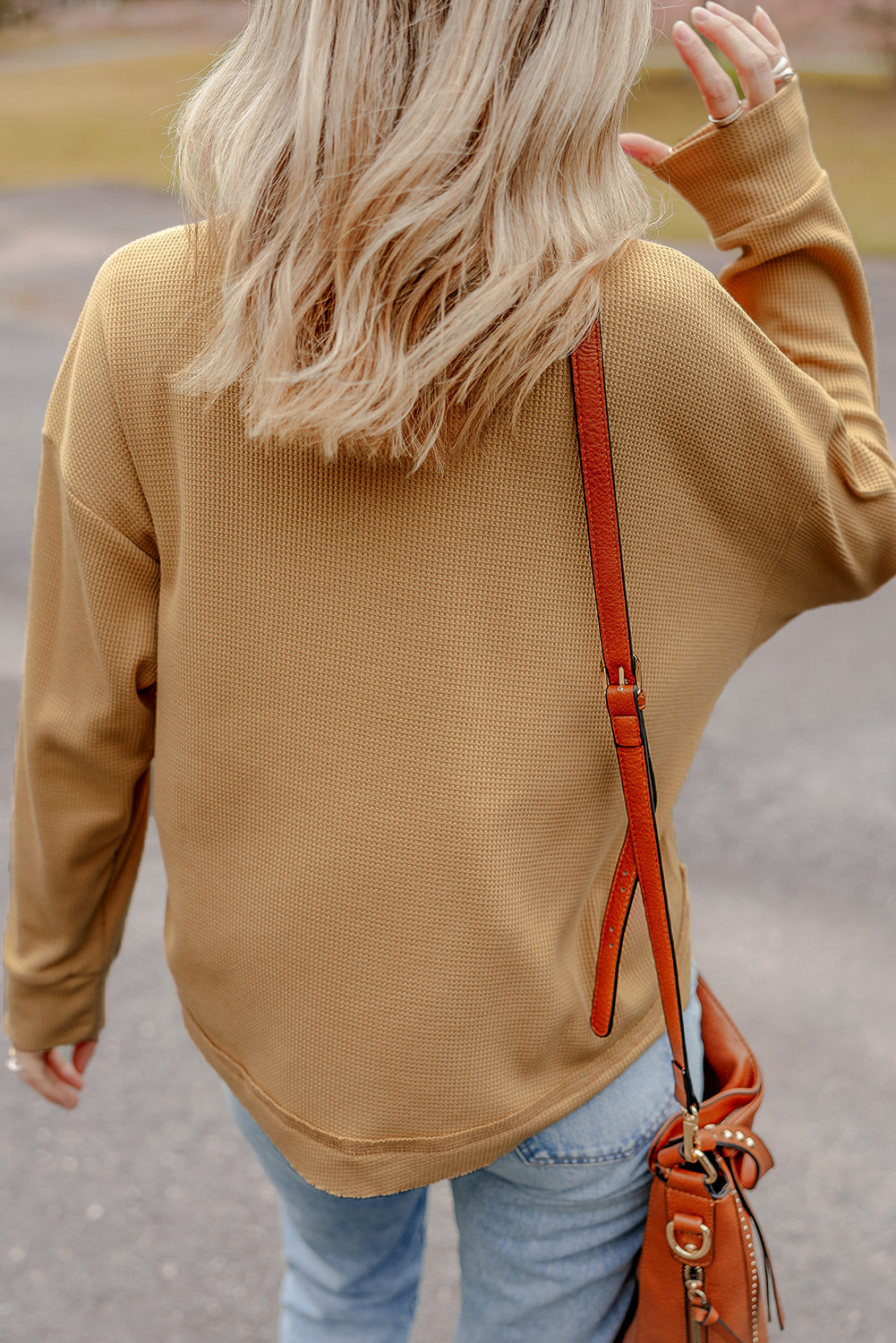 Camel Textured Knit Half Button Drop Shoulder Oversized Top eAura
