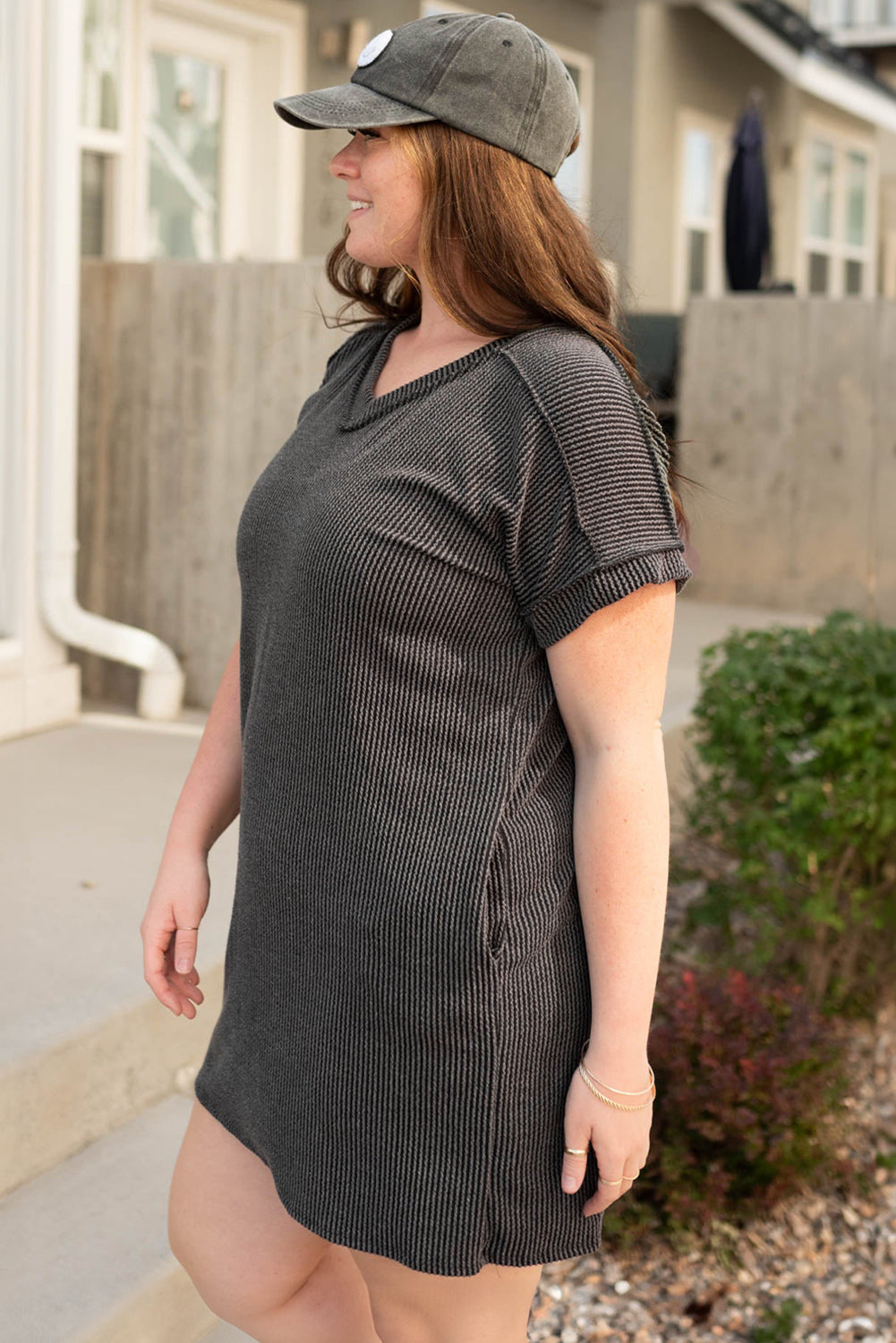 Carbon Grey Ribbed V Neck Plus Size T Shirt Dress with Pockets BB Fashion Outlet