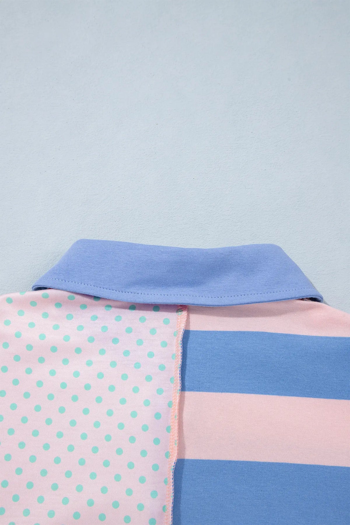 Polo Collar Long Sleeve Top — Patchwork Polka Dot & Stripe