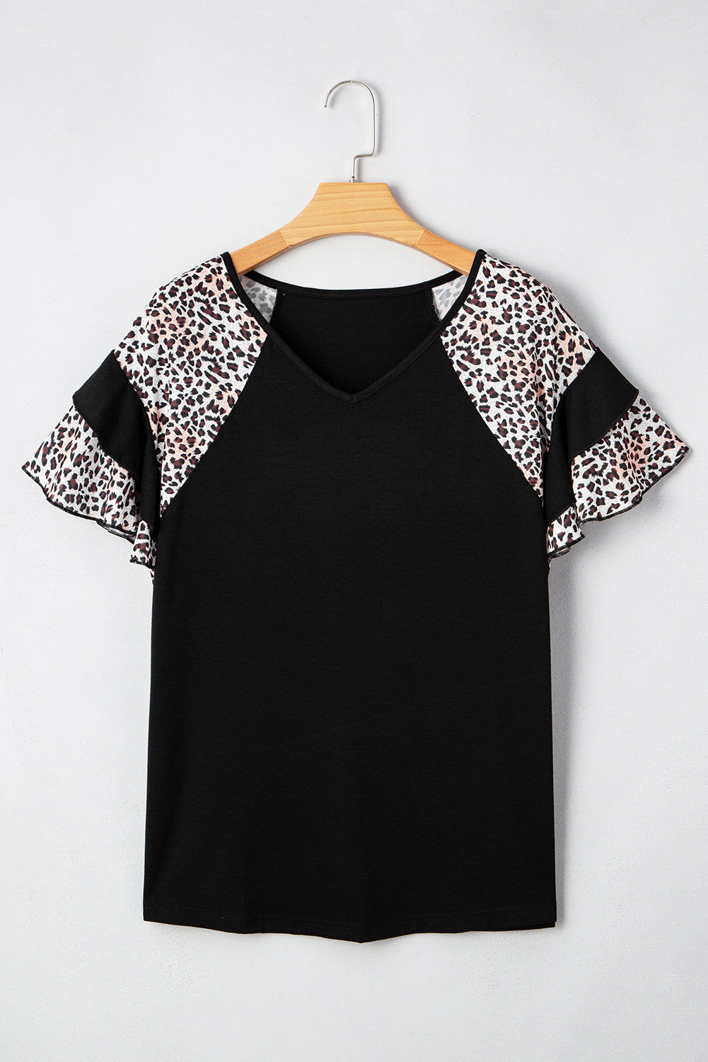 Black Leopard Ruffle Patchwork Sleeve Plus Size Summer Top BB Fashion Outlet