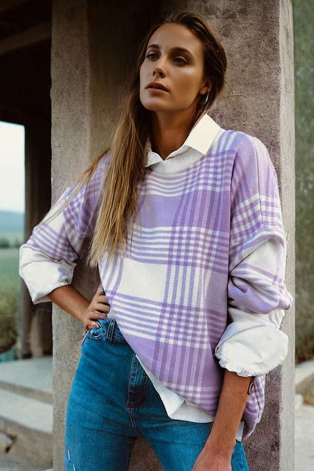 Lilac Plaid Print Ribbed Trim Loose Sweater eAura