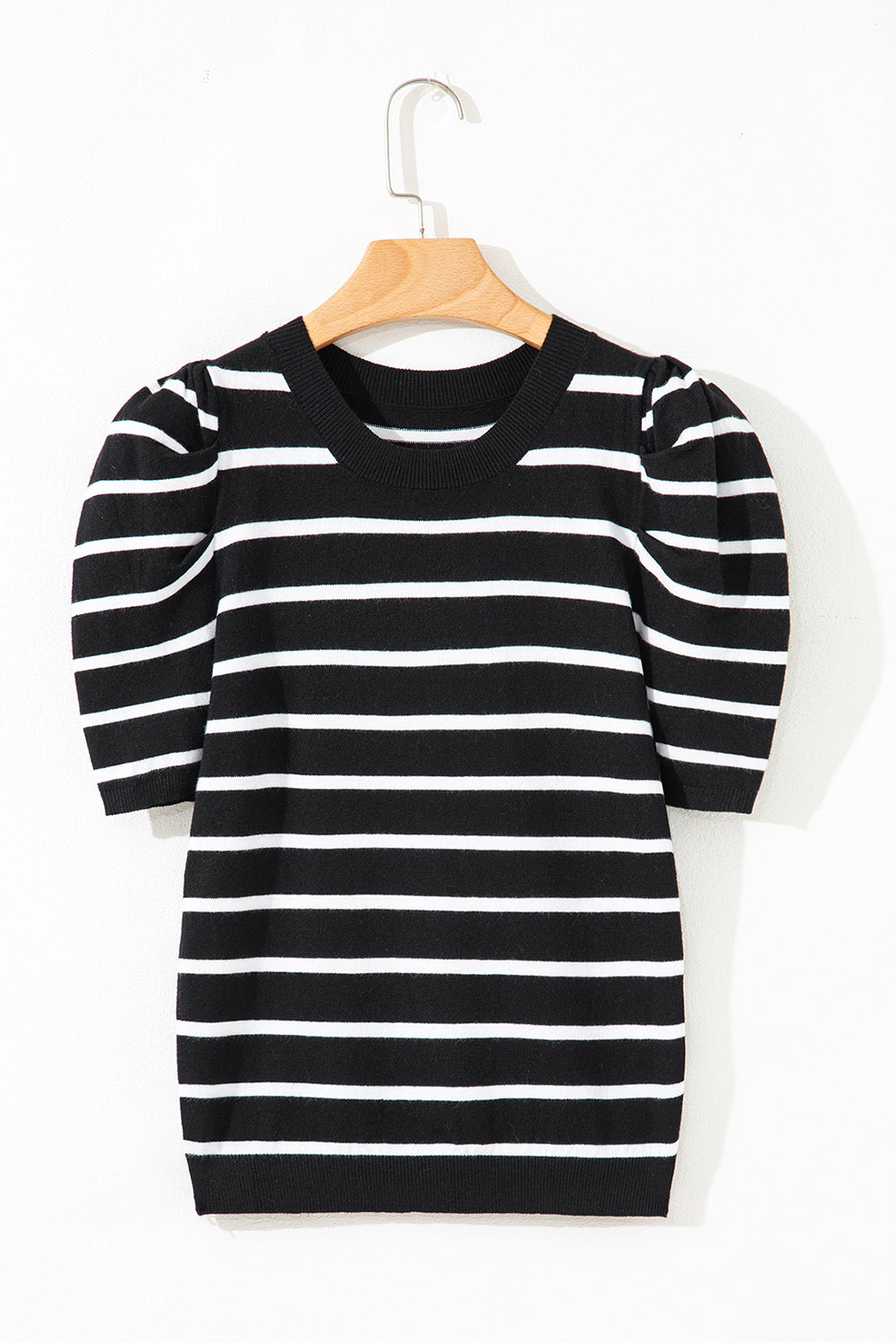 Ribbed Trim Round Neck Bubble Sleeve Knitted Top eAura