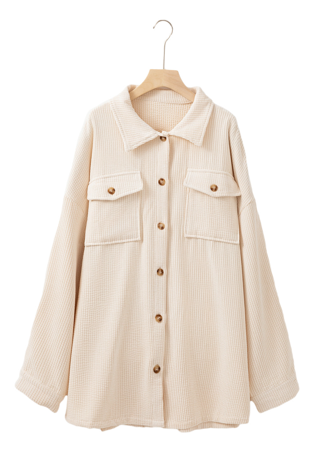 Oatmeal Textured Flap Pockets Buttoned Plus Size Shacket Beagle Boutique Fashion Outlet