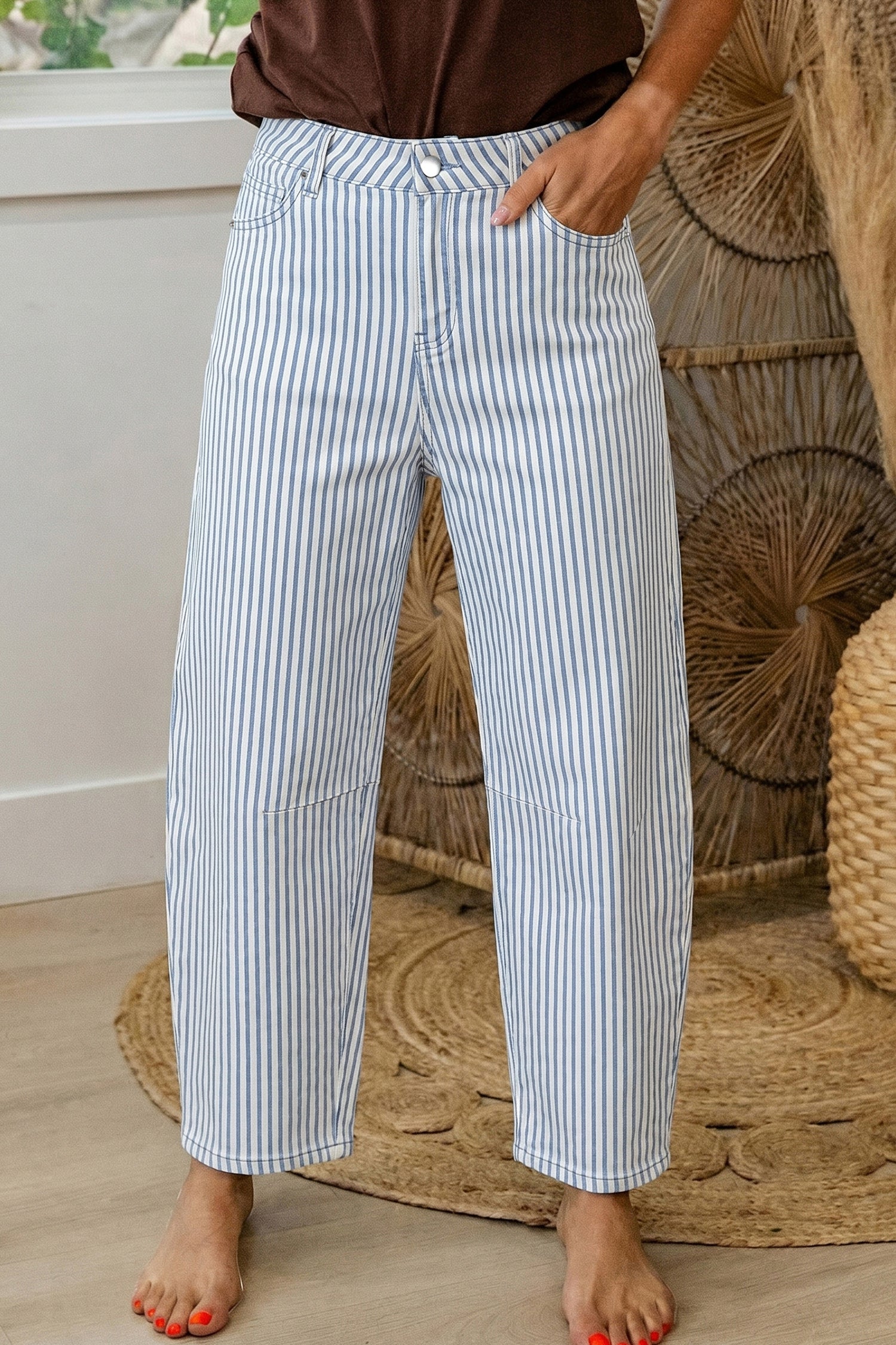 Striped Barrel Jeans – Brown, Khaki & Sky Blue