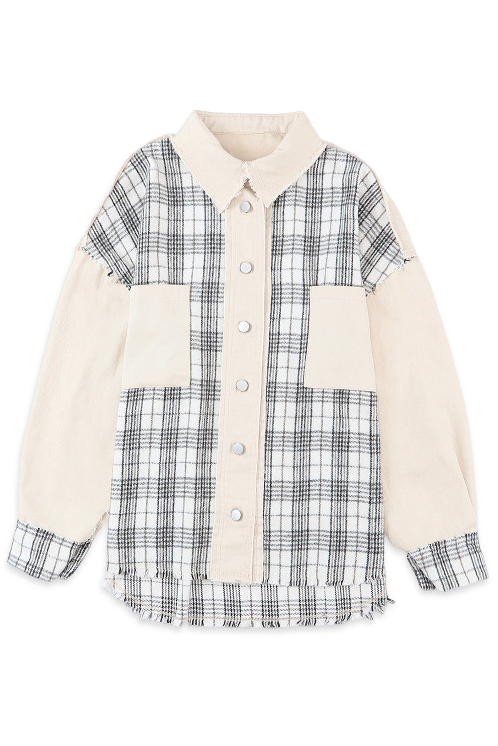 Khaki Distressed Raw Edge Plaid Patchwork Denim Jacket Beagle Boutique Fashion Outlet