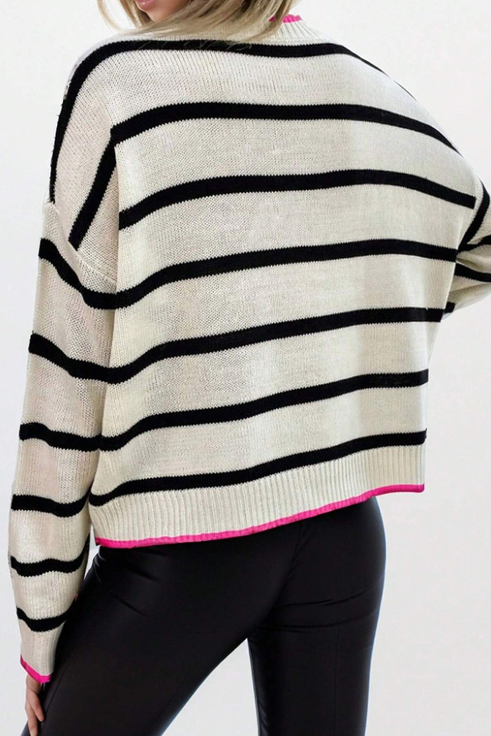 Stripe Contrast Trim Drop Shoulder Sweater - eAura