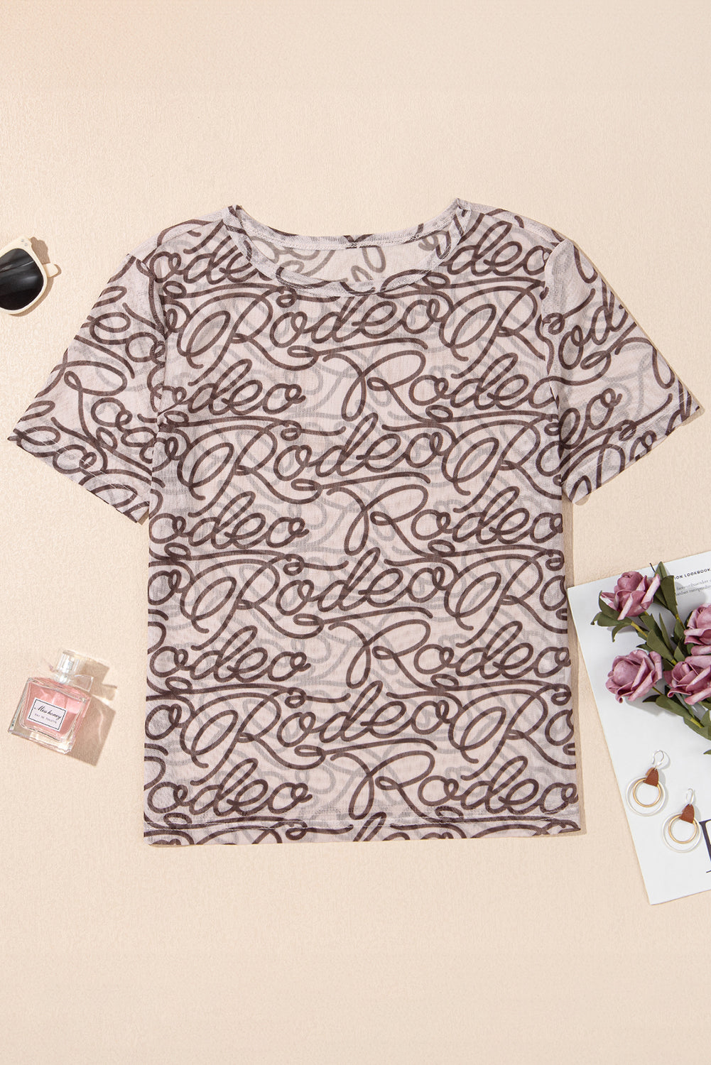 Brown Rodeo Print Round Neck Slim Fit Mesh T Shirt eAura