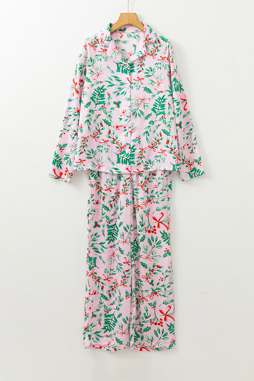 Pink Christmas Berries Print Satin Long Sleeve Pyjama Set eAura