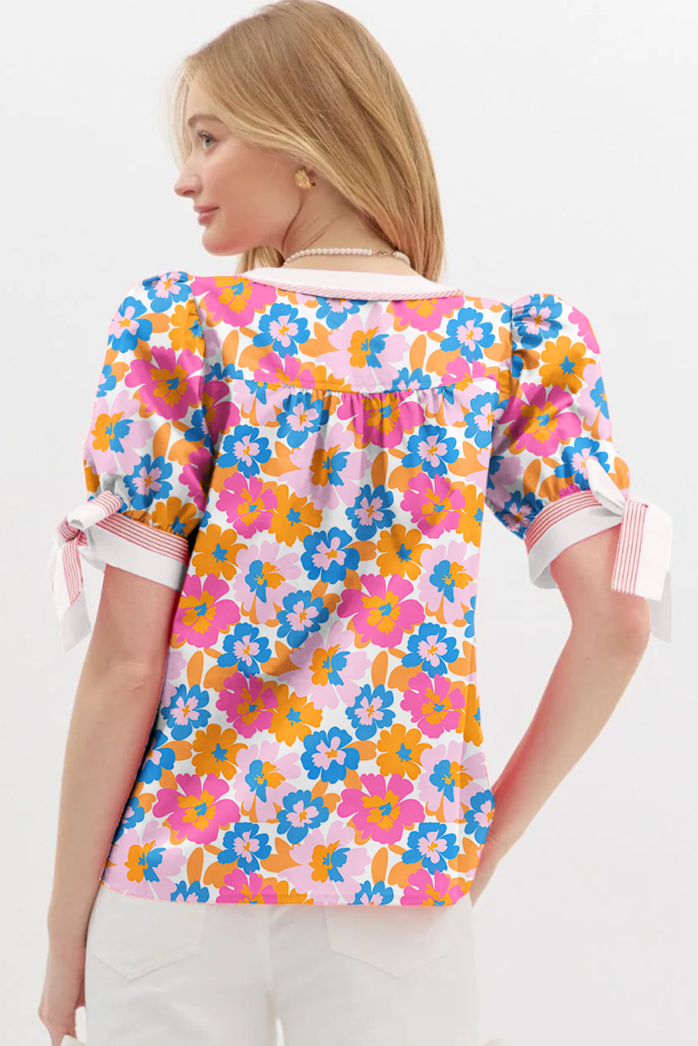 White Floral Striped Edge V Neck Knotted Short Sleeve Blouse eAura