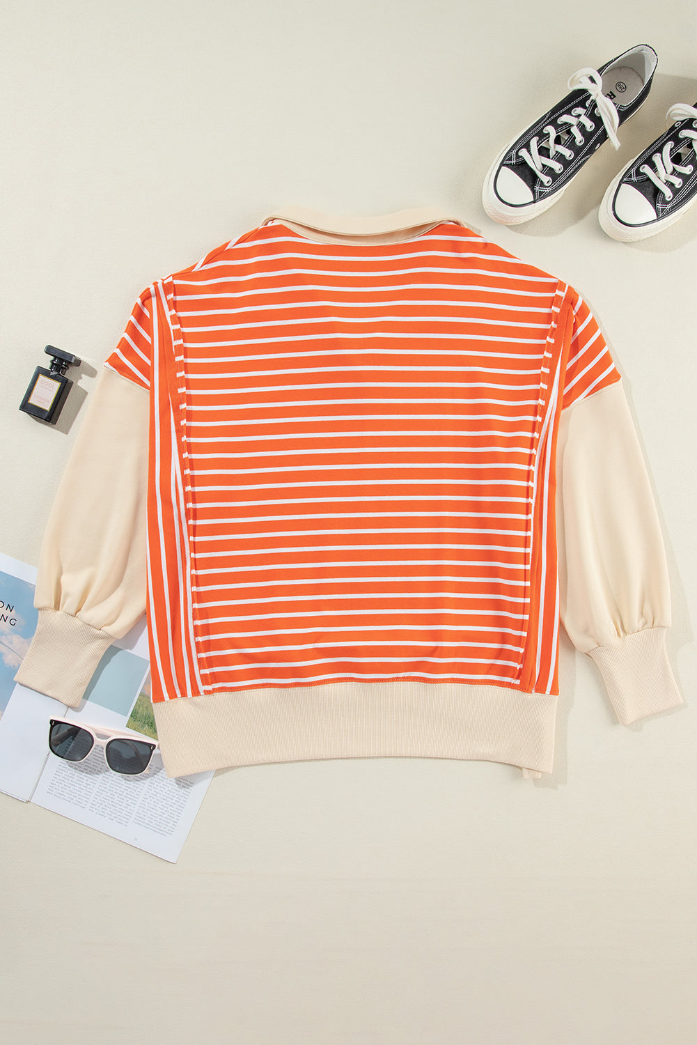 Orange Stripe Colour Block Loose Fit Collared Drop Shoulder Sweatshirt eAura