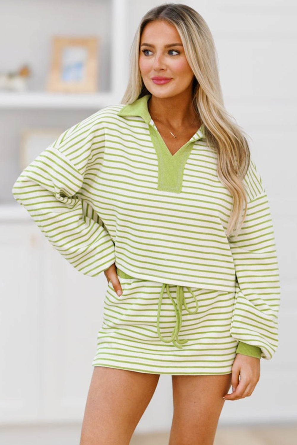 Stripe Collared V-Neck Drop Shoulder Pullover and Skort 2pcs Co-ord Dear-Lover Dropshipping