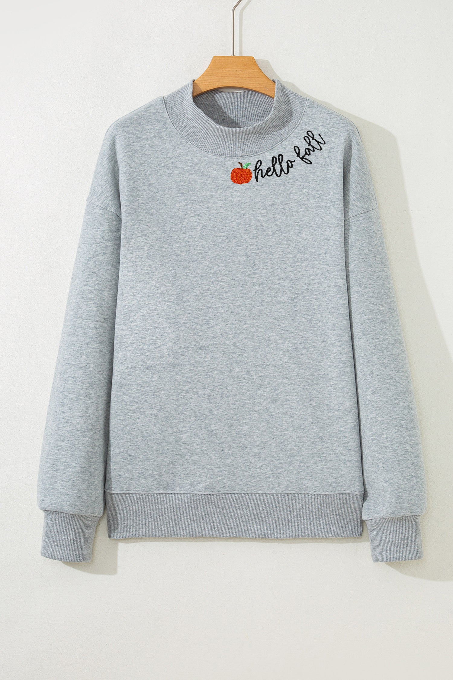 hello fall Embroidered Pumpkin Detail Mock Neck Sweatshirt – Gray
