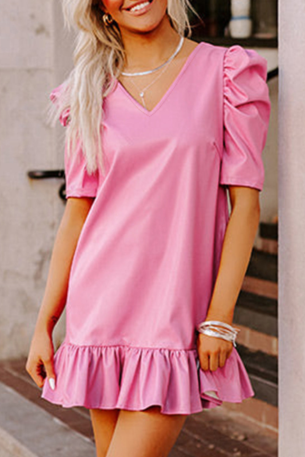 Sachet Pink Pleather Bubble Short Sleeve V Neck Ruffled Hem Mini Dress eAura