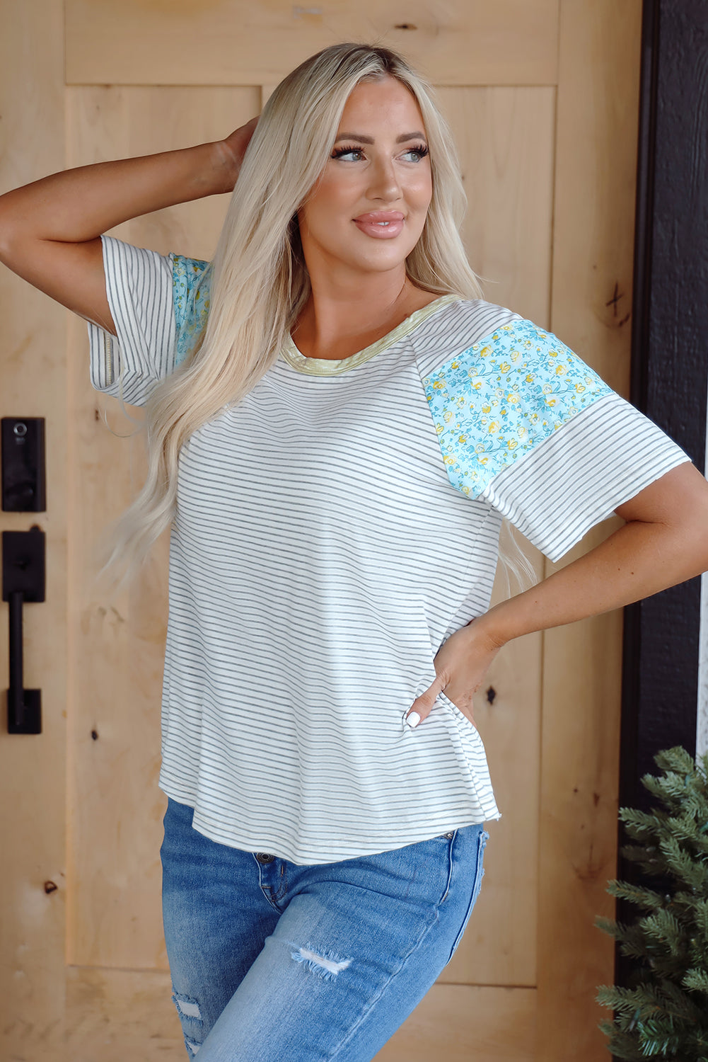 White Stripe Floral Insert Sleeves Contrast Round Neck Tee - eAura