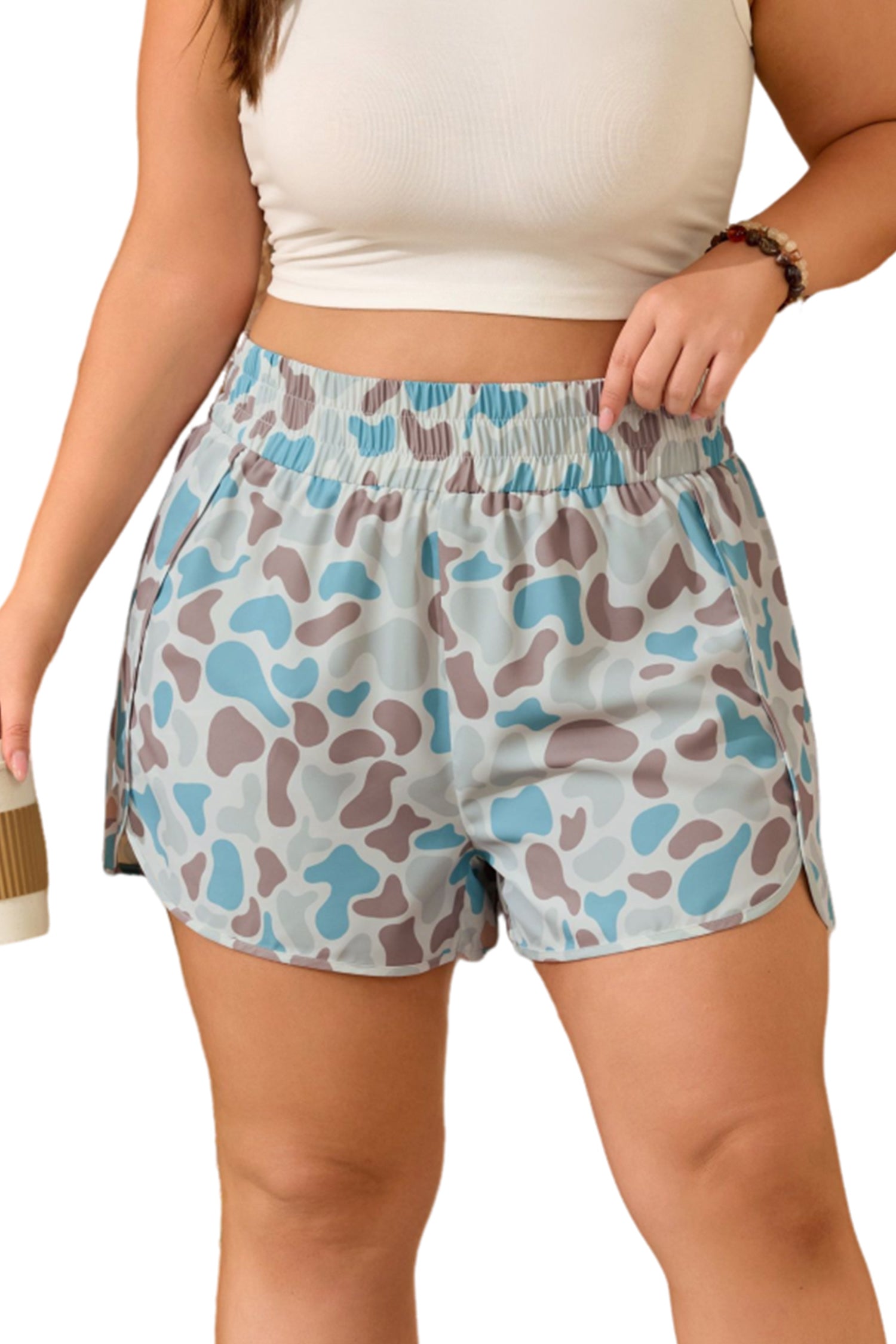 Plus Size Camo Print Athleisure Shorts – Smocked Waist
