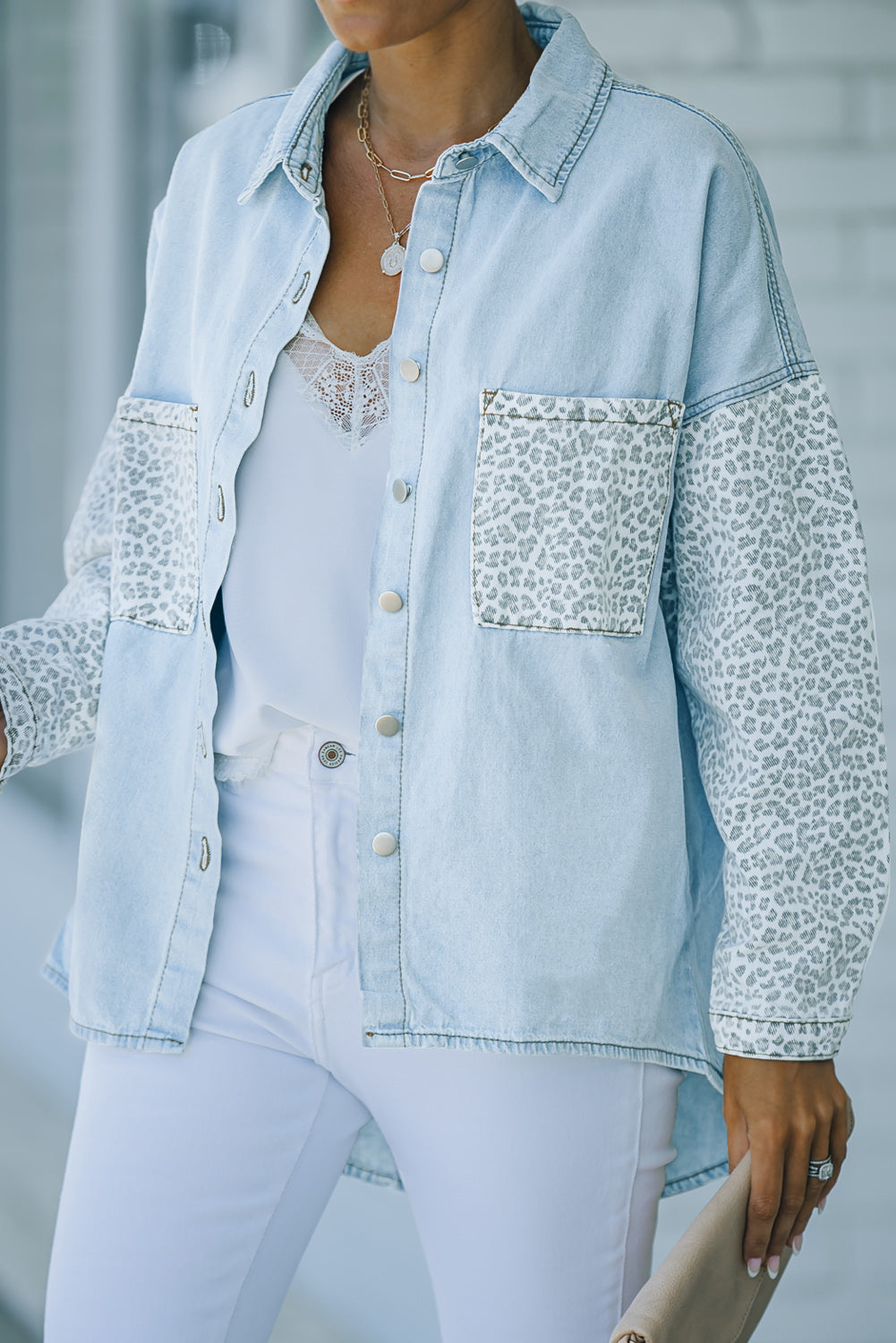 White Contrast Leopard Denim Jacket eAura