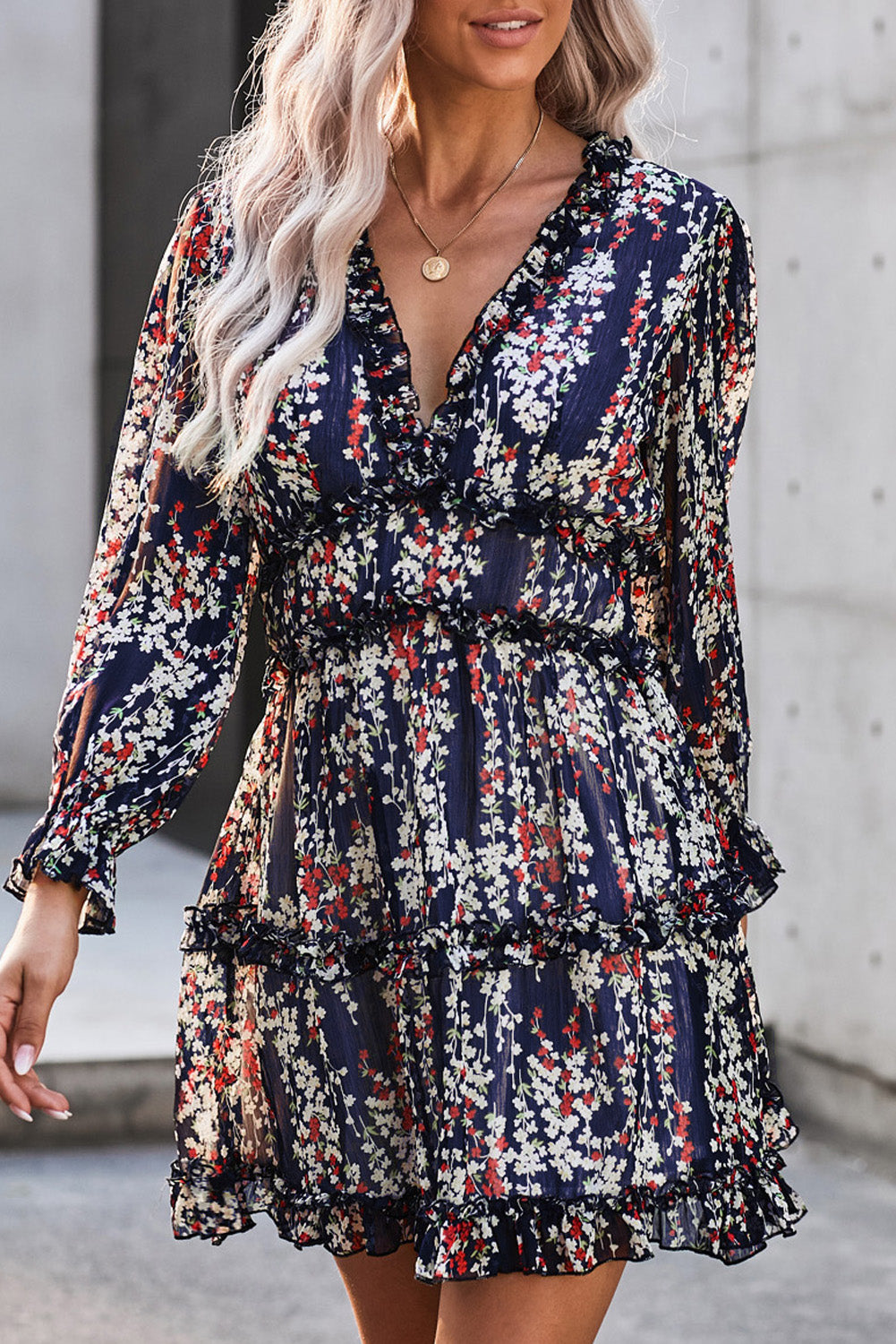 Blue Ruffle Detailing Open Back Floral Dress BB Fashion Outlet
