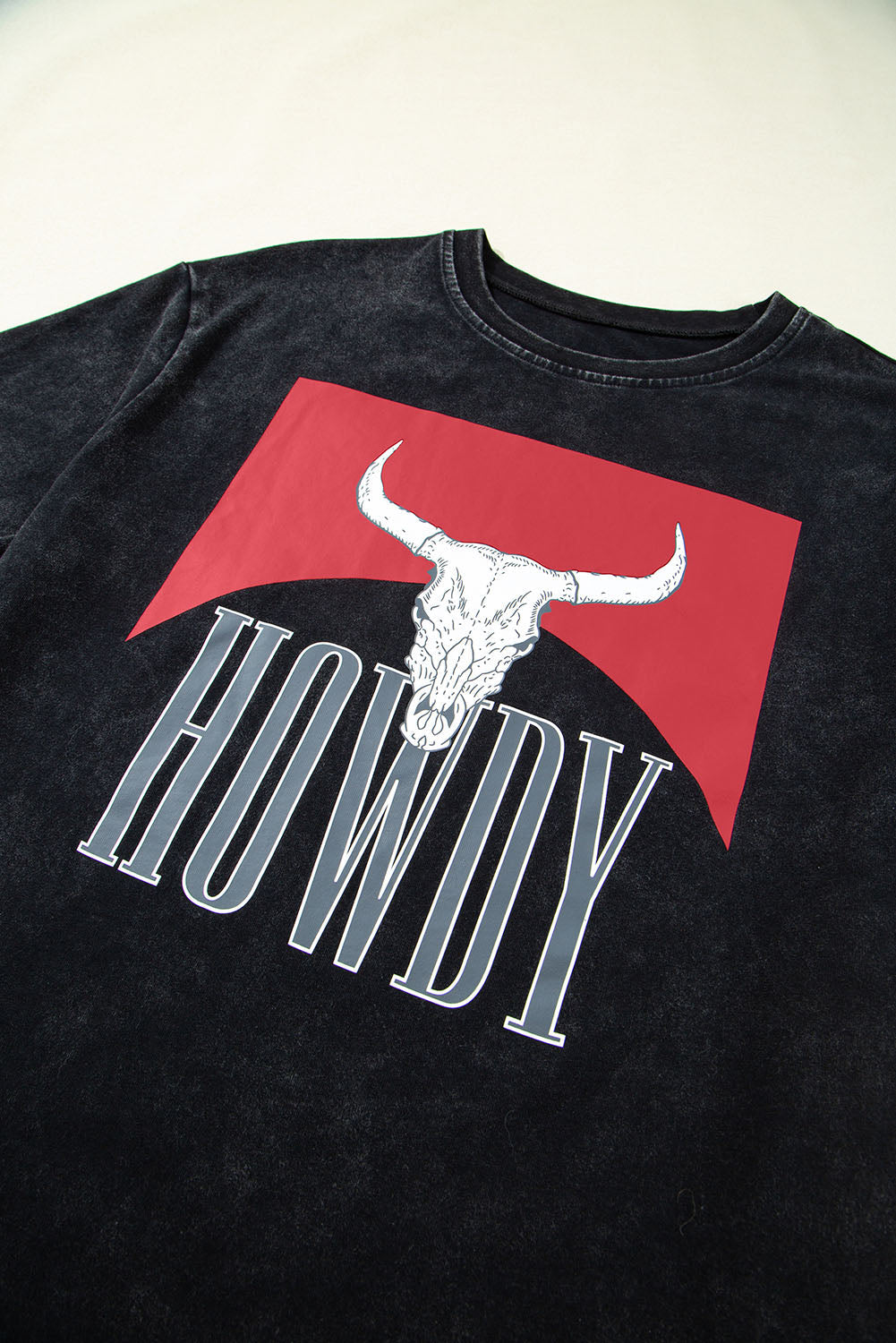 Black Western HOWDY Steer Head Print Side Slits Loose Fit T Shirt eAura