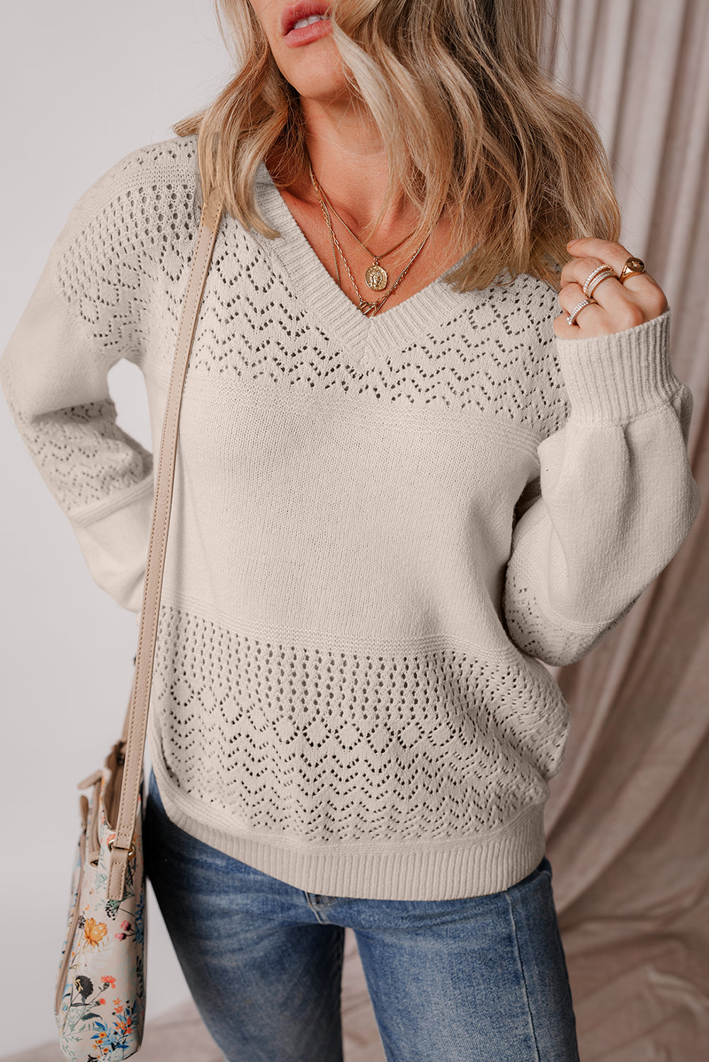 Brown Eyelet Pattern Detail V Neck Drop Shoulder Sweater eAura
