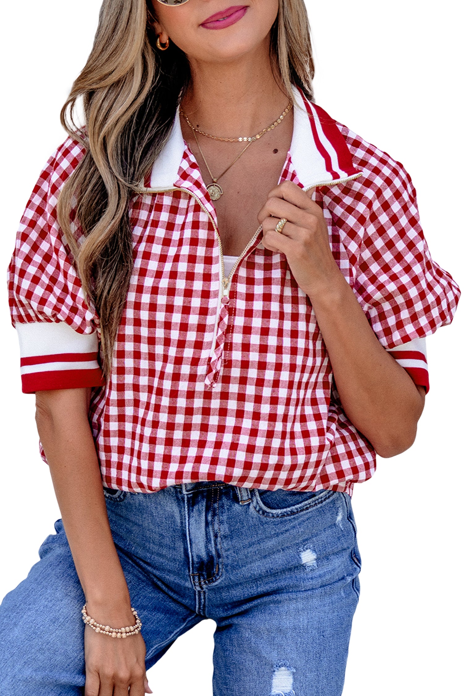 Gingham Striped Patchwork Half Zip Blouse – Red