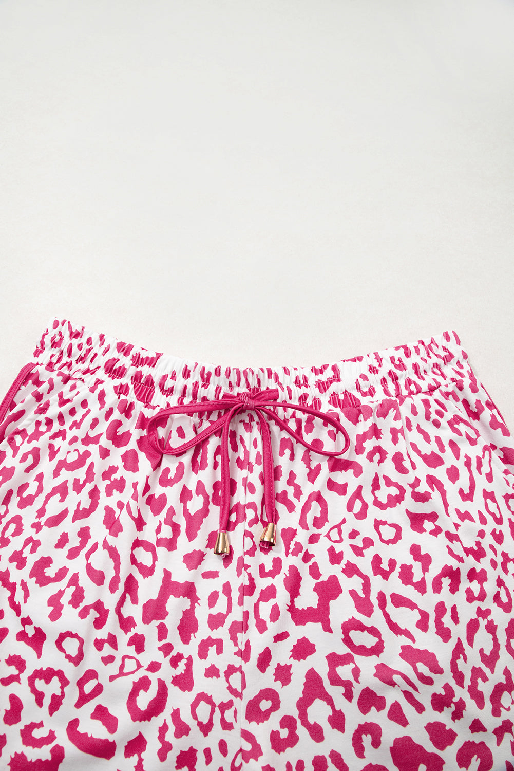 Pink Leopard Elastic Waist Lace up Contrast Trim Casual Shorts eAura
