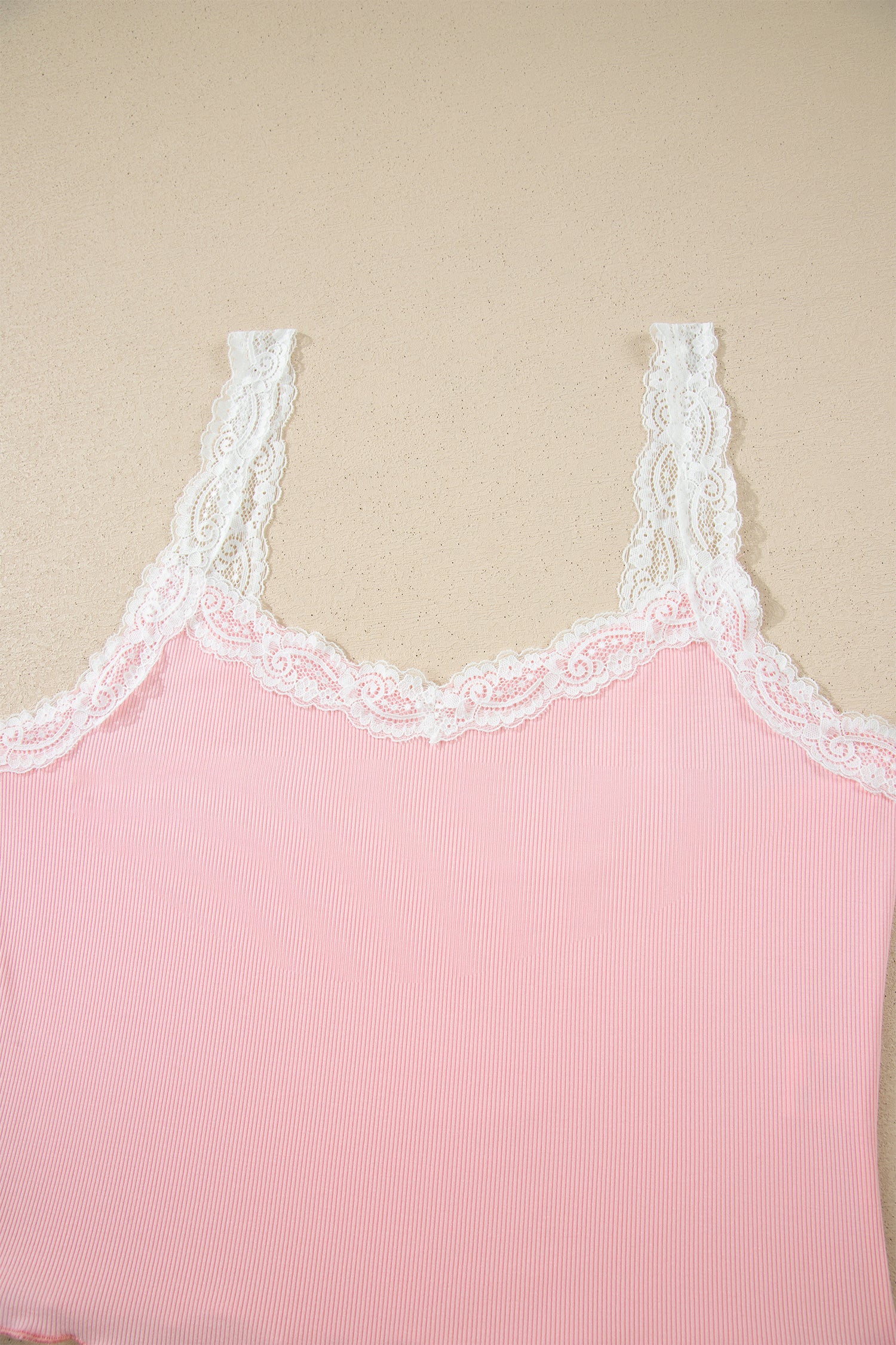 Ribbed Knit Lace Straps Patchwork Lettuce Hem Cropped Top Floral Short Lounge Set – Pink