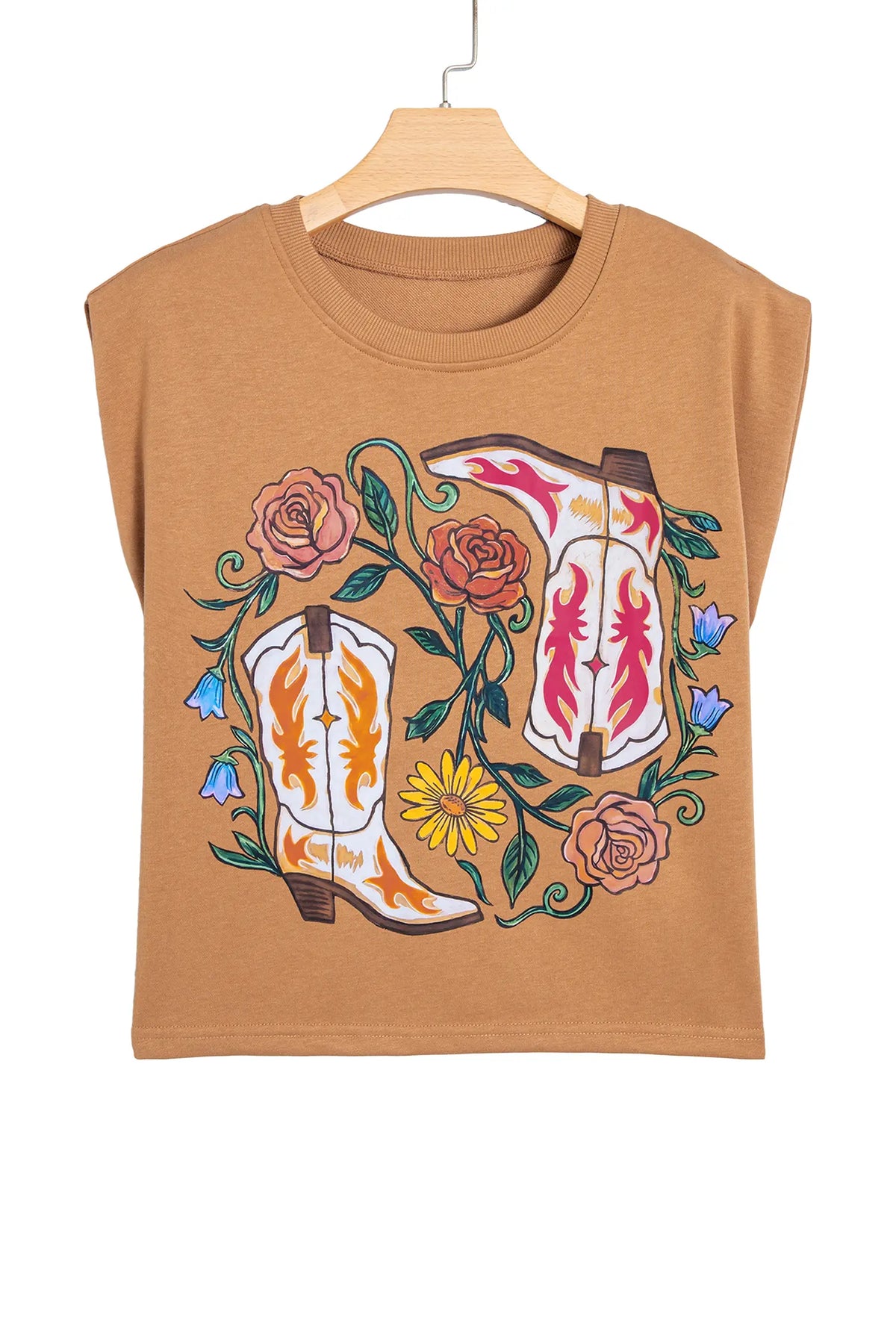 Western Boots Flower Printed Sleeveless Loose Tank Top – Camel
