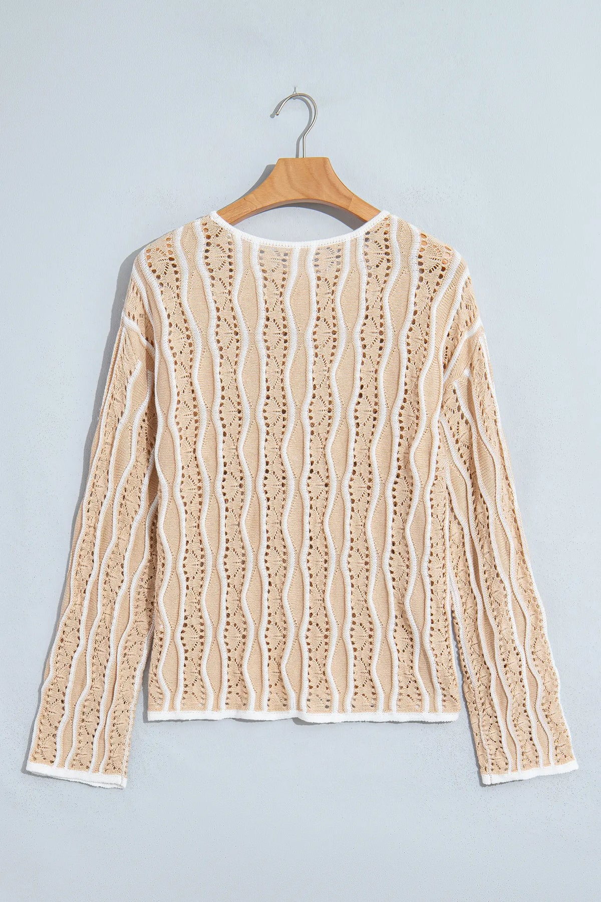 Wavy Detail Hollow Out Knit Long Sleeve Cotton Pullover Sweater – Pink