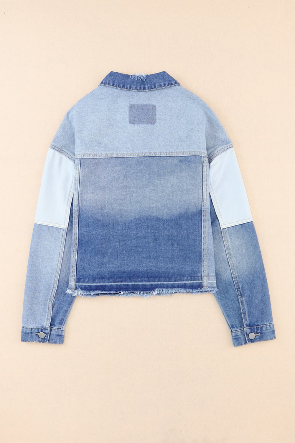 Sky Blue Colour Block Denim Patchwork Frayed Hem Jacket Beagle Boutique Fashion Outlet