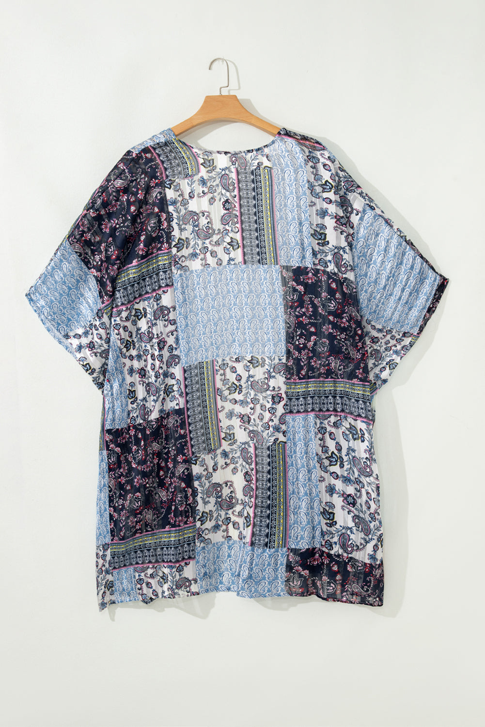 Retro Floral Print Long Loose Open Front Kimono – Blue