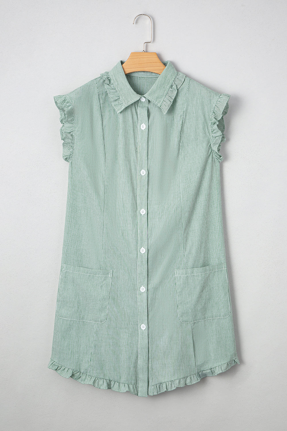 Green Stripe Frilled Sleeveless Collar Front Pocket Button Up Mini Dress eAura