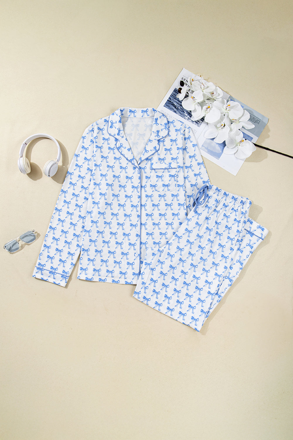 Bow Print Long Sleeve Soft Pyjama Set - eAura