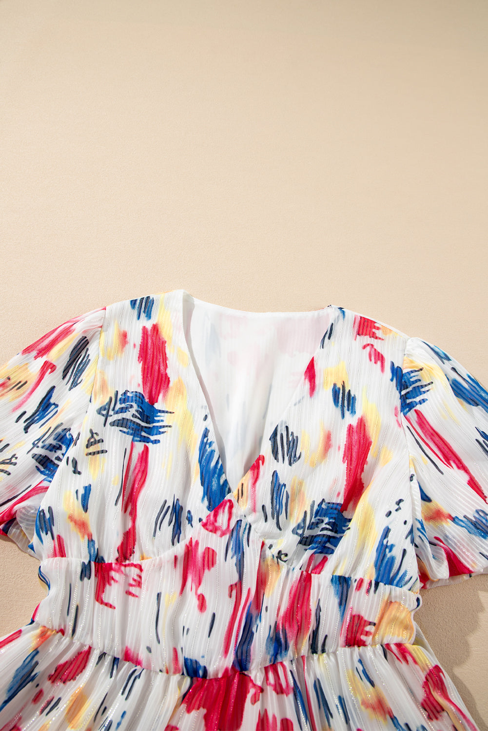 Rose Abstract Print Short Puff Sleeve Tiered Maxi Dress eAura