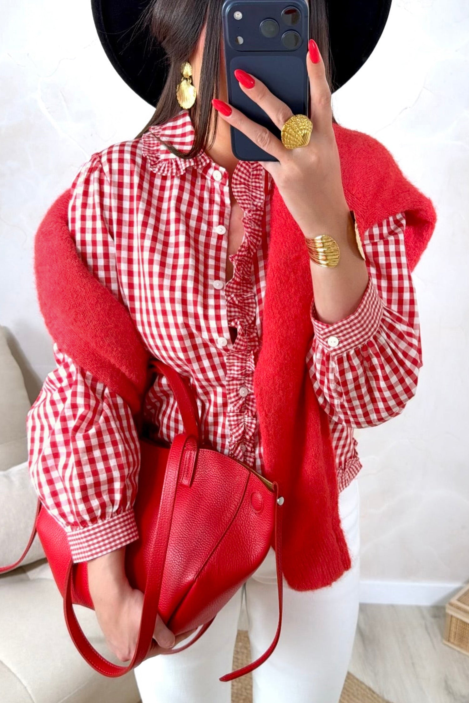 Plaid Long Sleeve Button Down Frill Detail Casual Shirt – Red