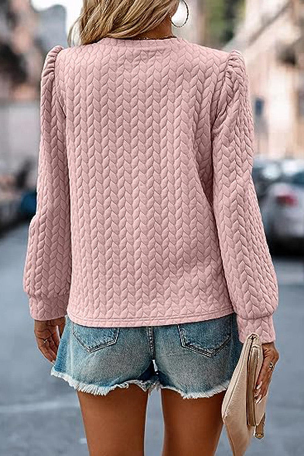 Light Pink Cable Textured Puff Sleeve Sweatshirt eAura