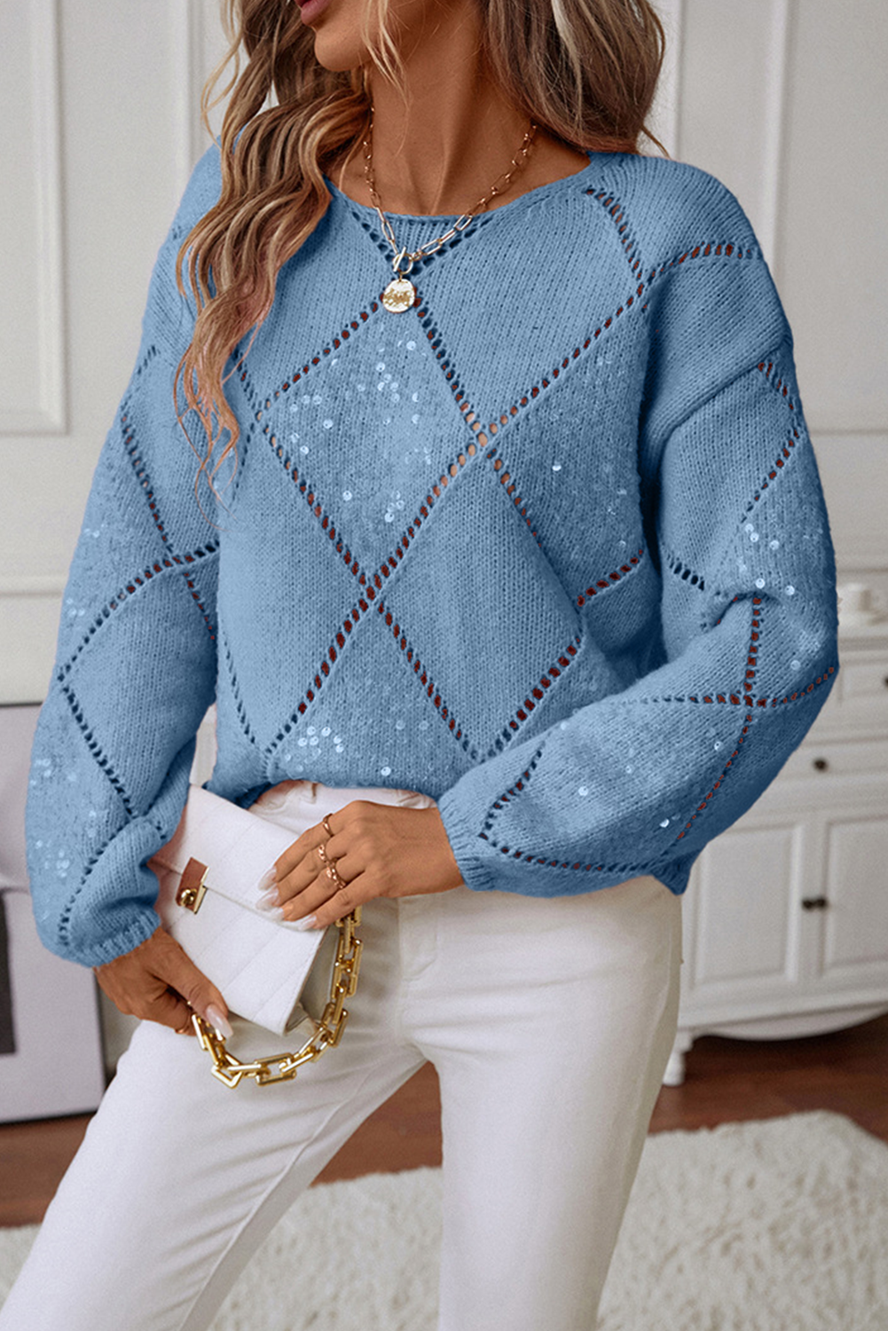 Hollowed Rhombus Pattern Sequin Detail Round Neck Sweater eAura