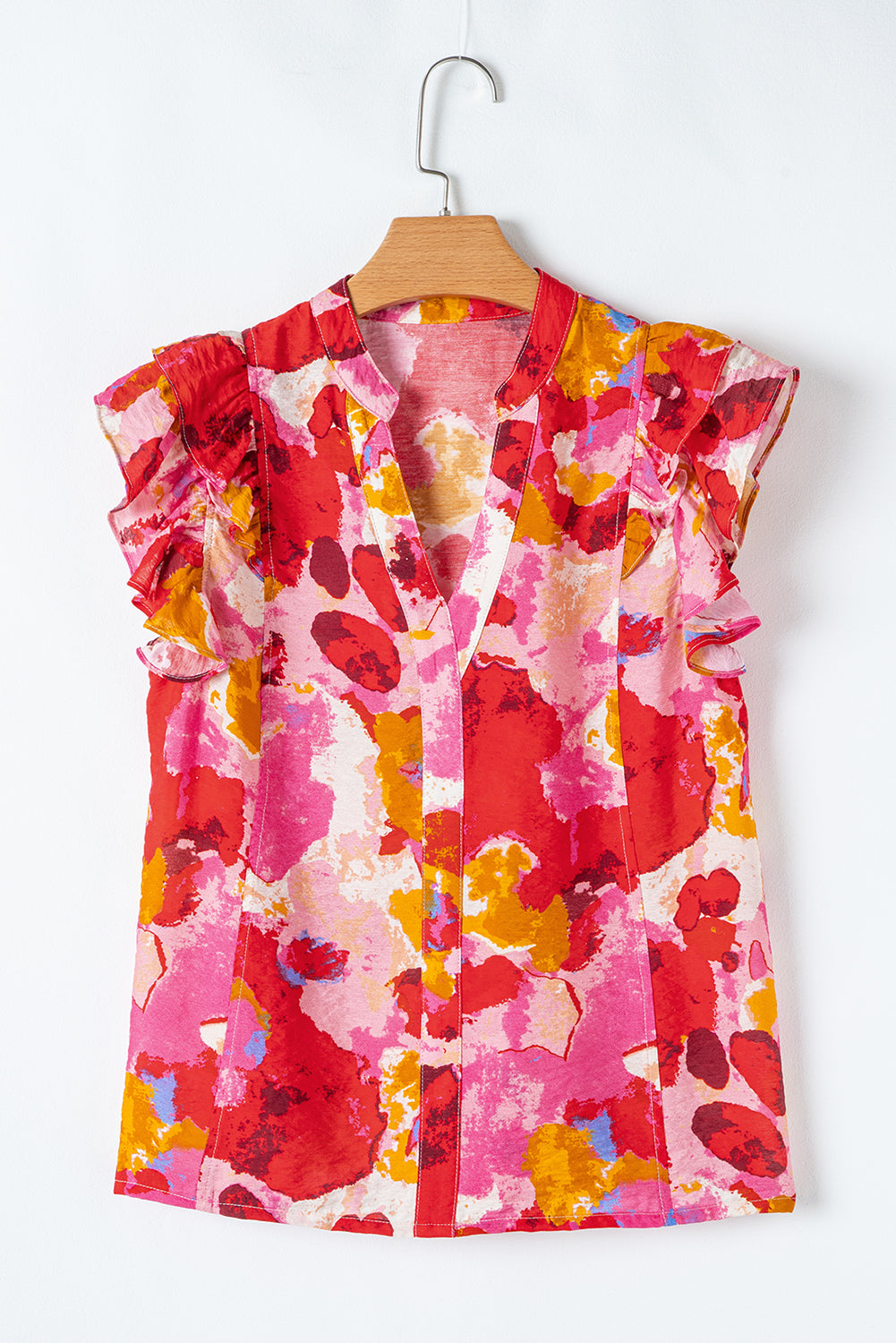 Red Abstract Print Split V Neck Ruffle Short Sleeve Blouse eAura