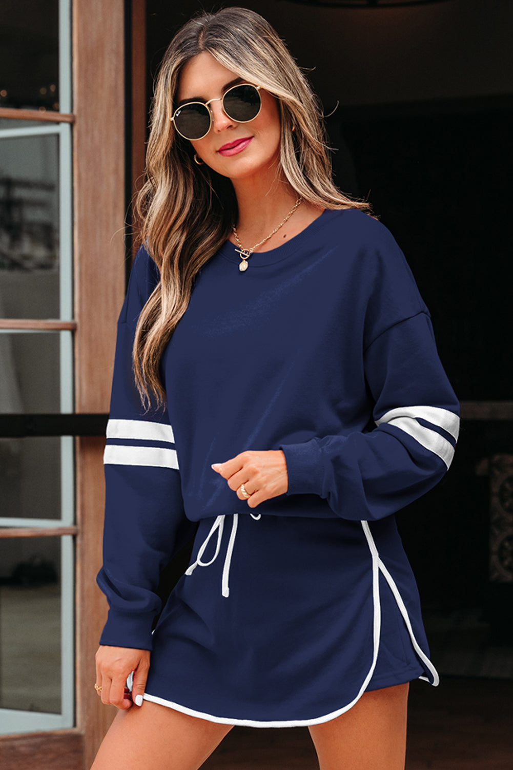 Varsity Stripe Detail Drop Shoulder Pullover Mini Skort Co-ord Set - eAura