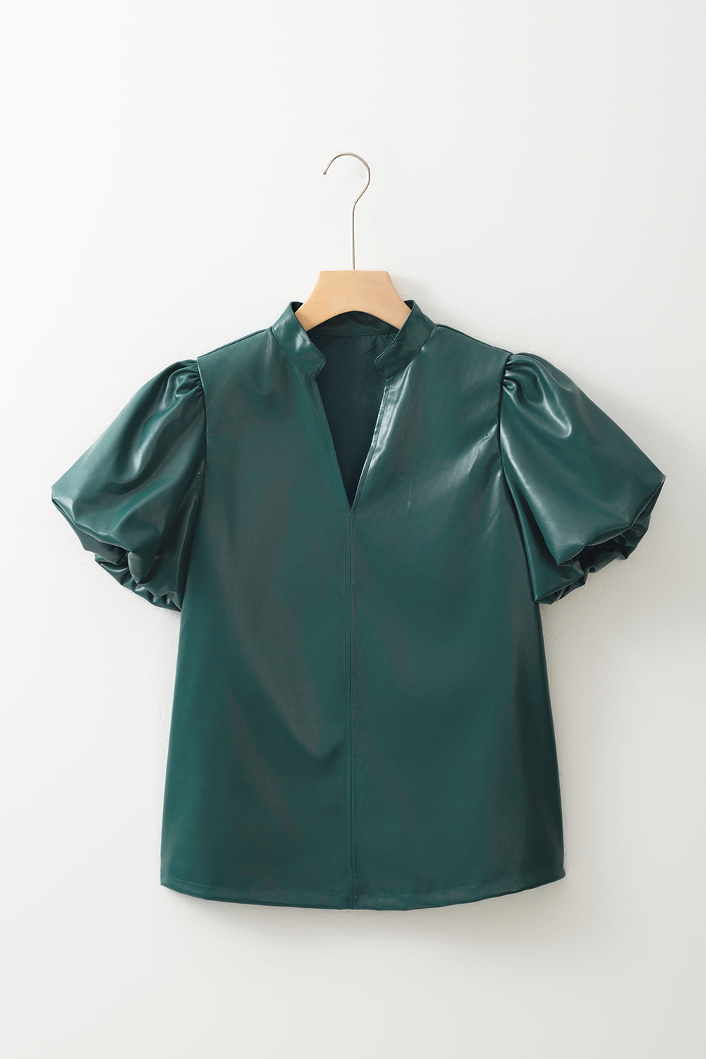 Sea Green Notched V Neck Short Puff Sleeve PU Leather Blouse eAura