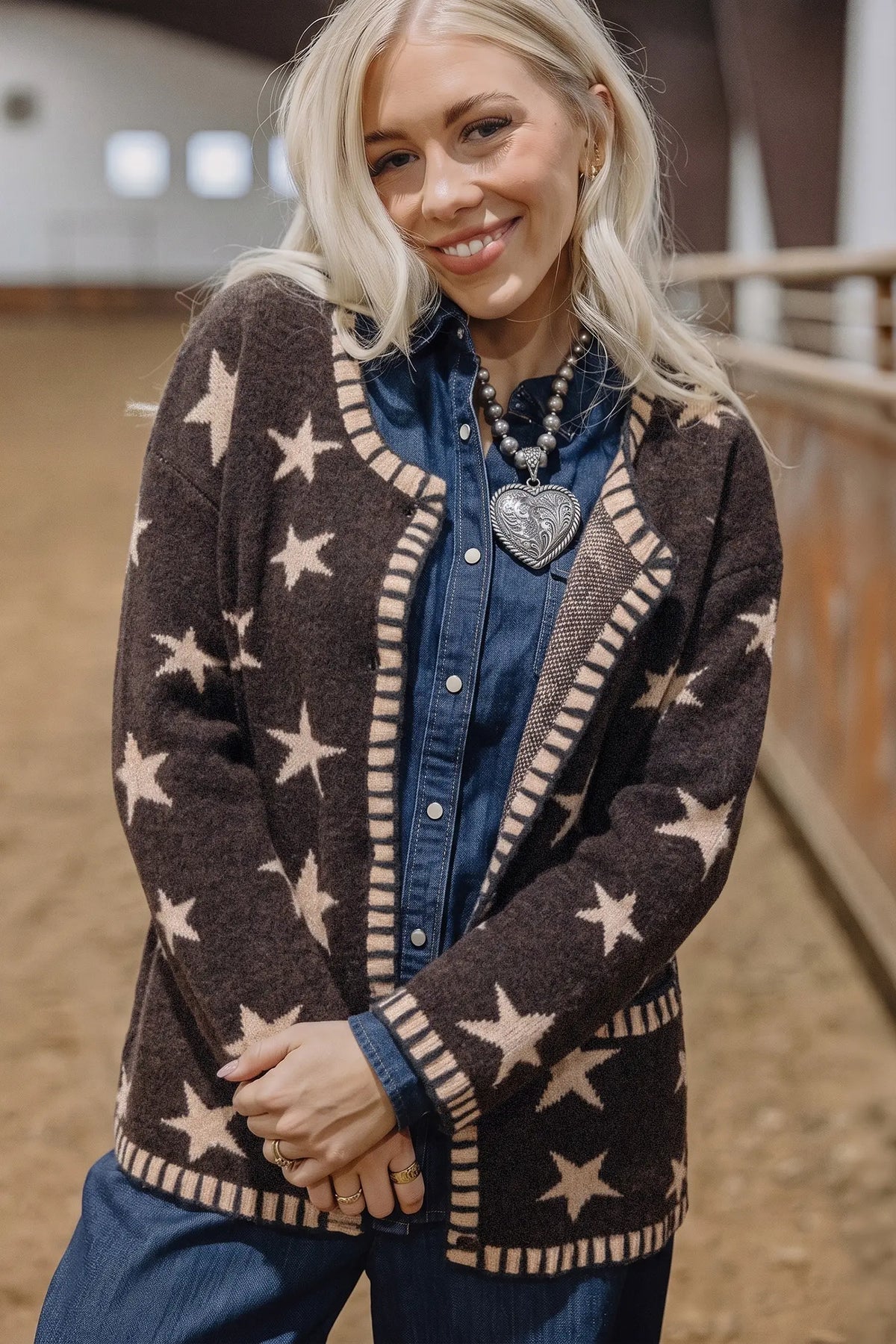 Stars Pattern Colourblock Long Sleeve Shift Cardigan – Brown