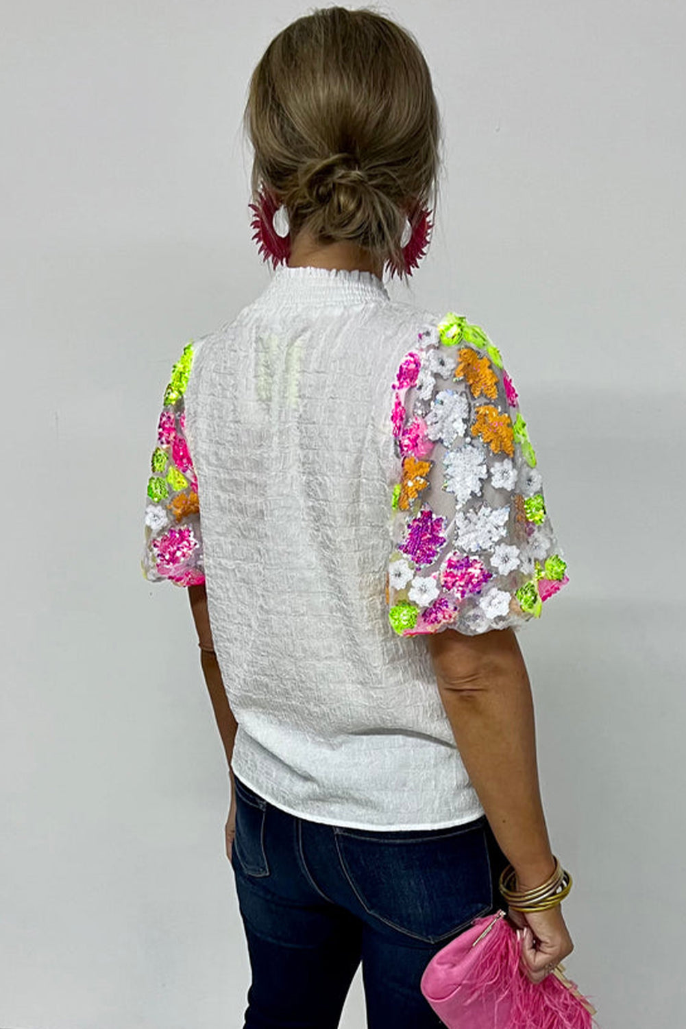 White Smocked Collar Sequin Flower Puff Sleeve Textured Top eAura