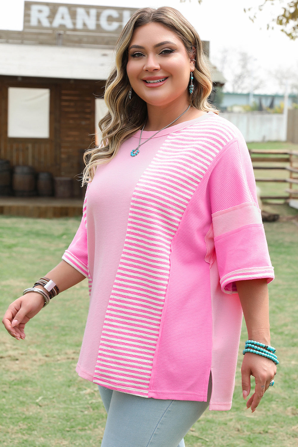 Pink Stripe Patchwork Colourblock Plus Size T Shirt BB Fashion Outlet