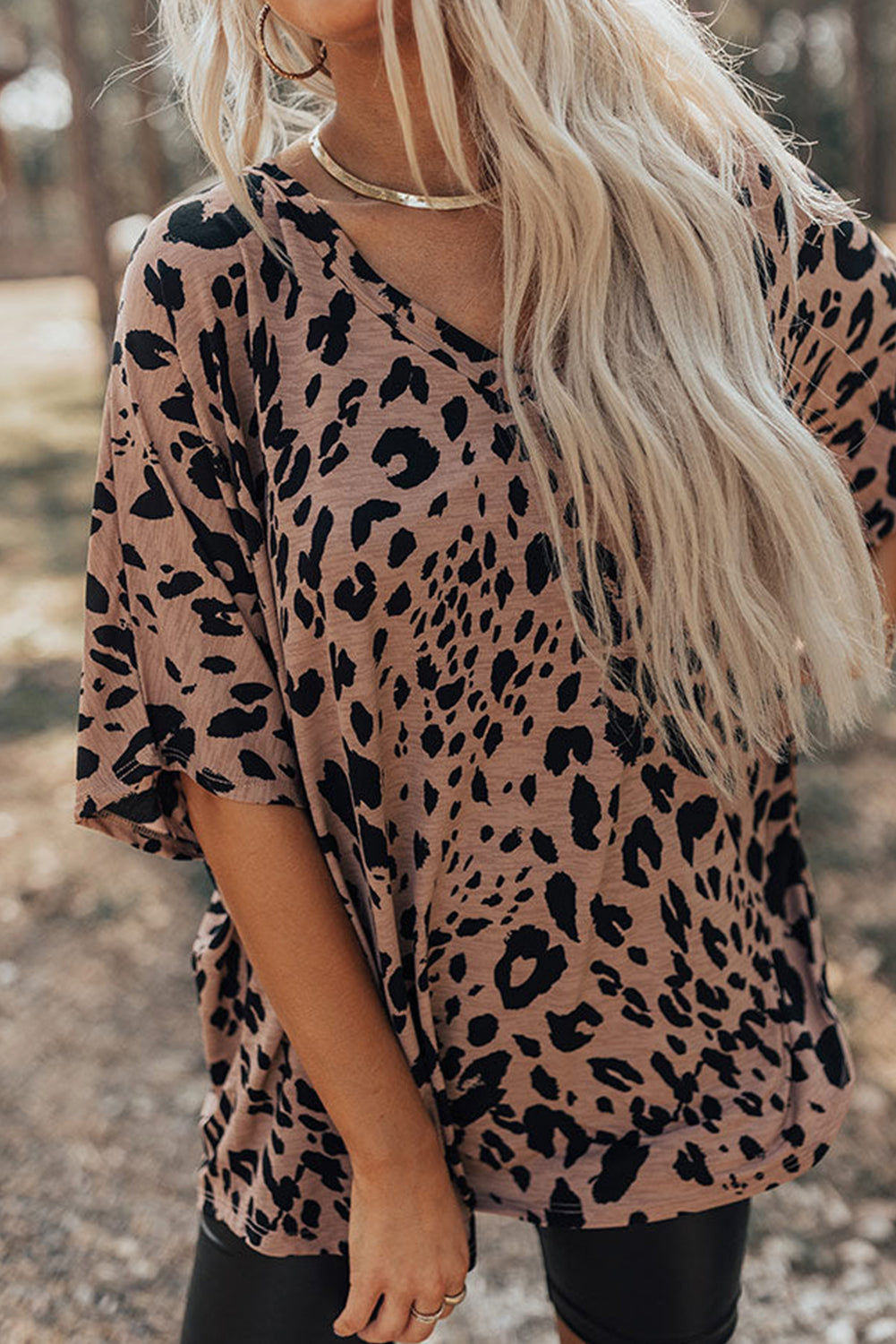 Brown Leopard Print V Neck Half Sleeve Oversized Tee eAura