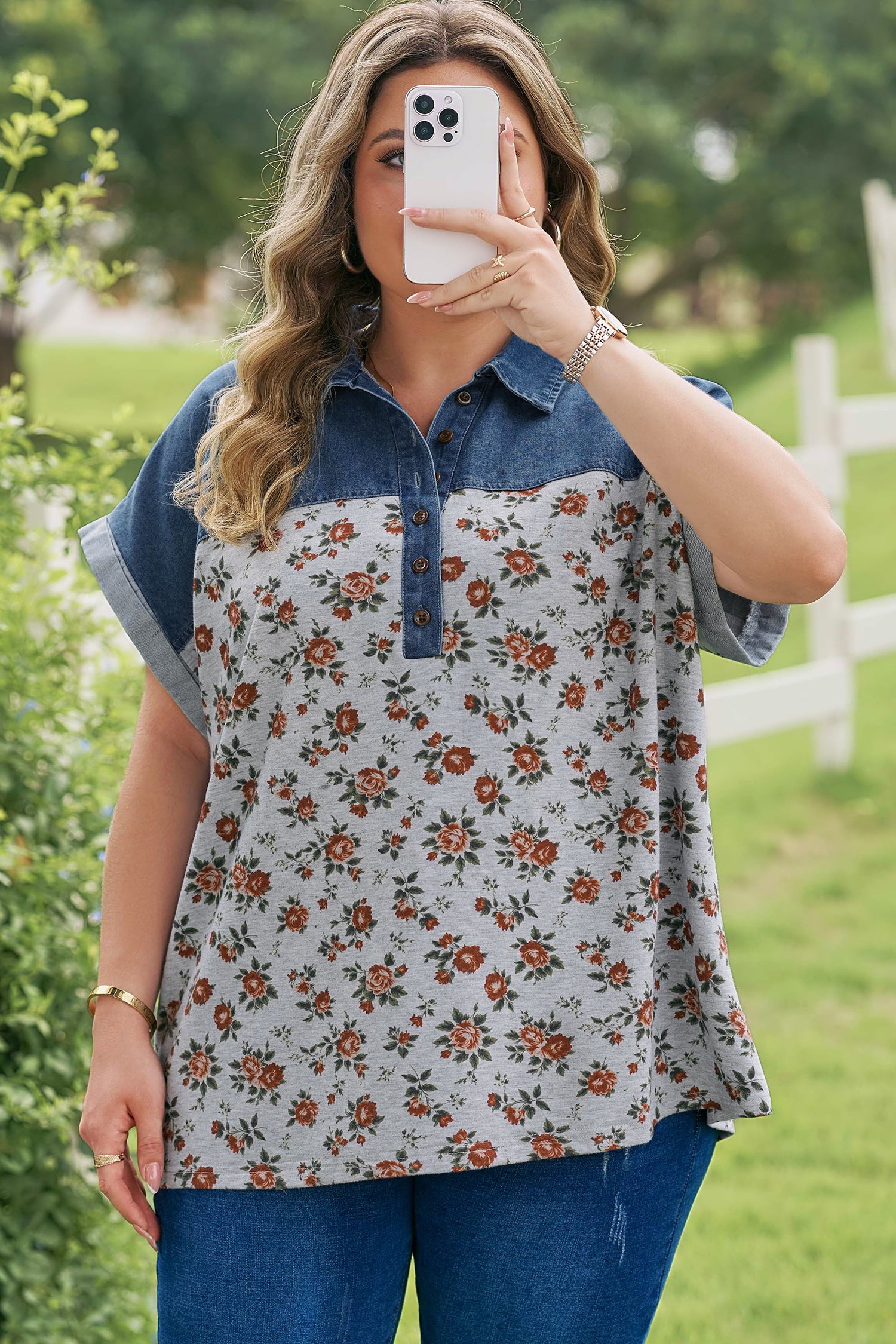 Retro Floral Print Denim Patchwork Plus Size Polo Tee