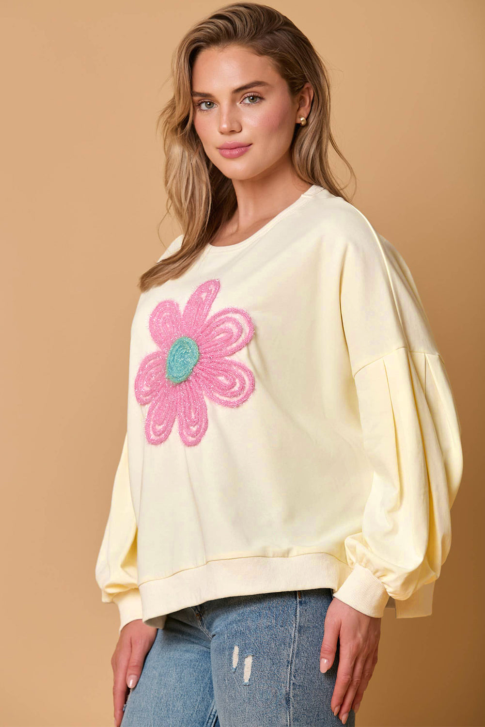 Beige Tinsel Flower Dropped Puff Sleeve Sweatshirt eAura