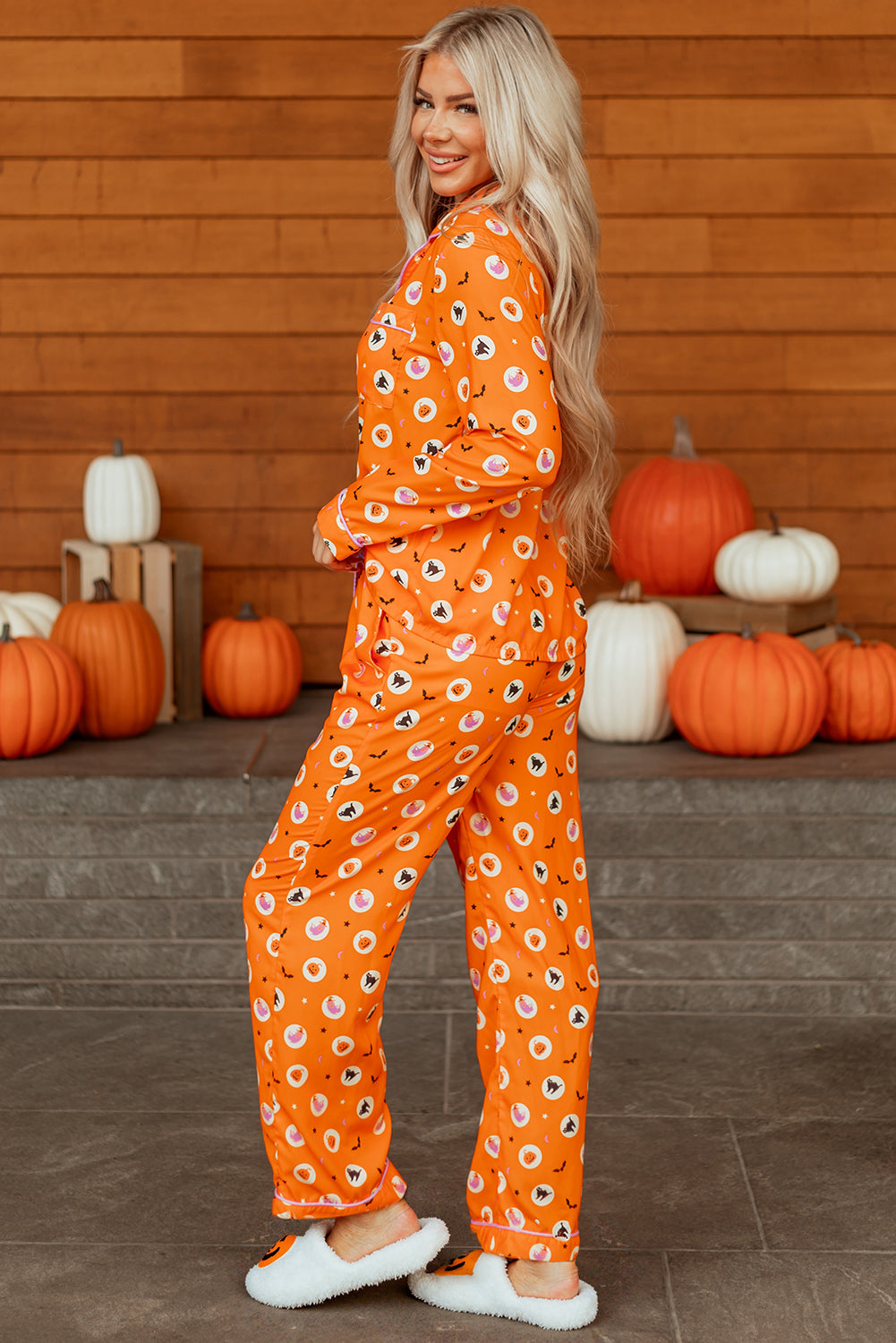 Orange Halloween Print Lapel Shirt Long 2pcs Pyjama Set - eAura